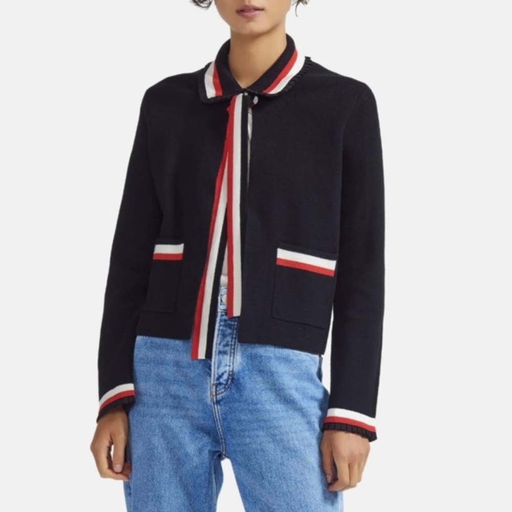 MAJE Navy Stripped Wool Sweater Cardigan Nautical Designer Made In France Size M